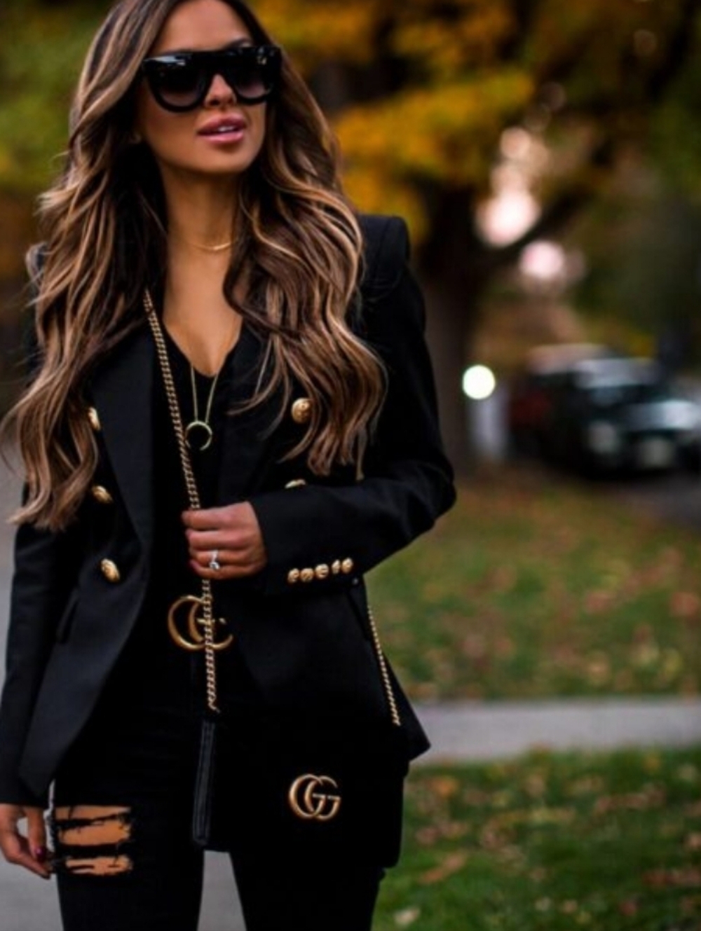 Black Leather Belt with Gold Interlocking Buckle